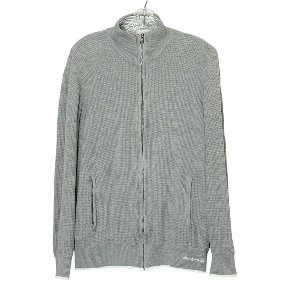 Nautica Jacket Mens L Gray Waffle Textured Knit Full Zip 100% Cotton Embroidered